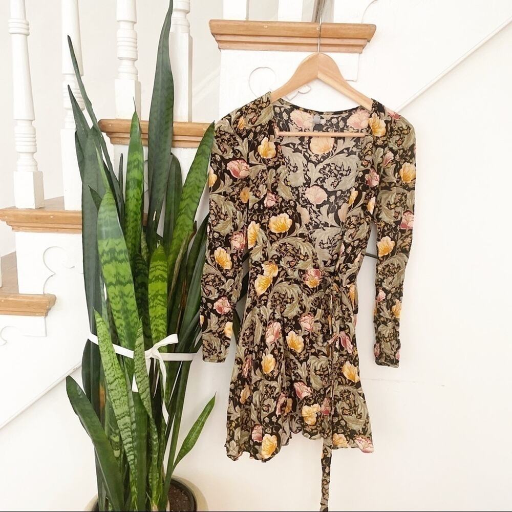 Anthropologie Ecote floral mini wrap dress yellow